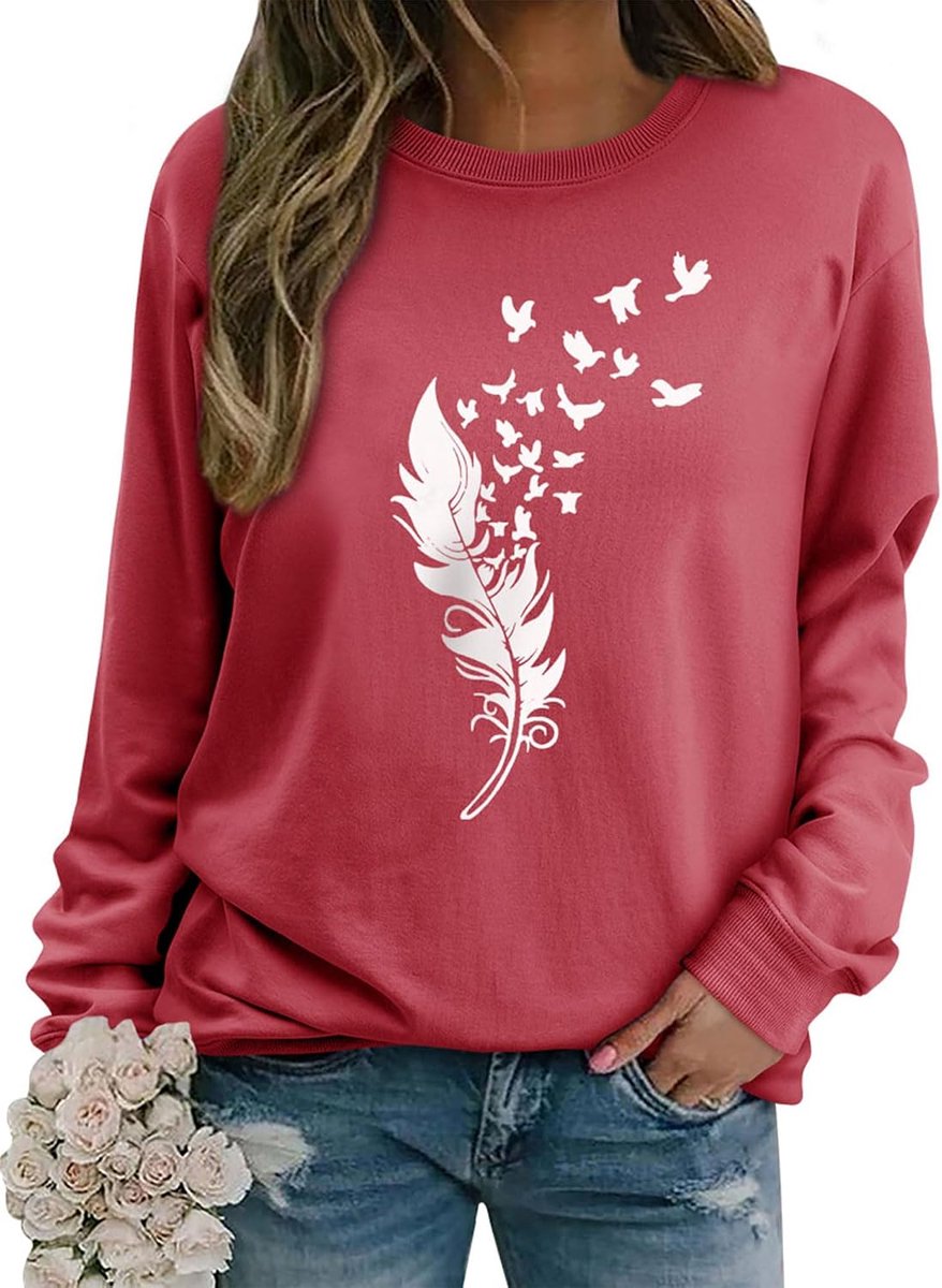 Pullover dames veer-print sweatshirt lange mouwen ronde hals lange mouwen shirts herfst winter trui tops bovenstuk blouse