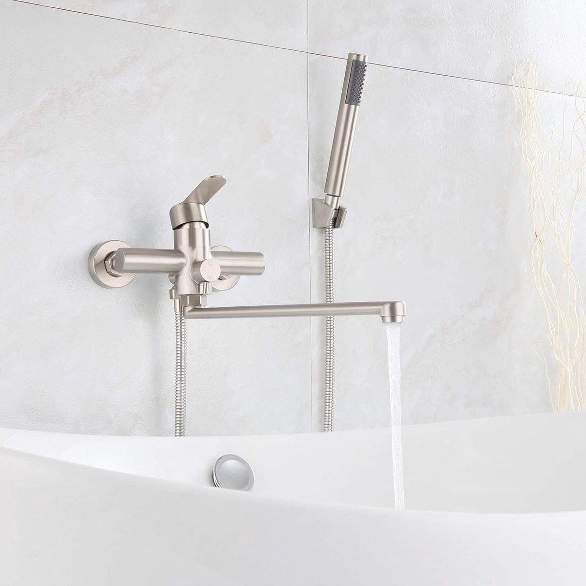 Badkuipkraan, wandarmatuur, badkuip, uitloop, 35 cm lang, met omstelventiel, douche-armatuur, eenhands-douchekraan voor badkamer, douche, geborsteld roestvrij staal