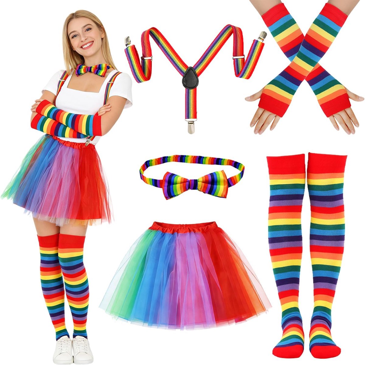 Kostuum jaren 80 voor dames, tutu-rok van tule, regenboogstrik, kleurrijke sokken, bretels, handschoenen zonder vingers, carnavalskostuum, accessoires voor rockfeest, festival, viering