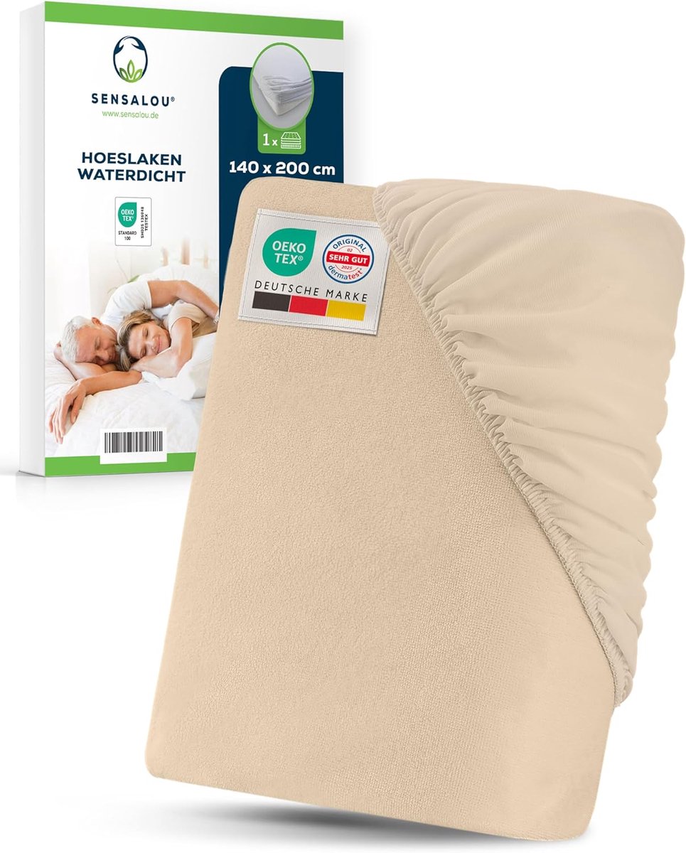 SnelShoppen - Waterdichte Hoeslaken 140 x 200 cm Beige – Matrasbeschermer met Badstof Oppervlak voor Tweepersoonsbed – Ademend en Geluidloos Oeko-Tex