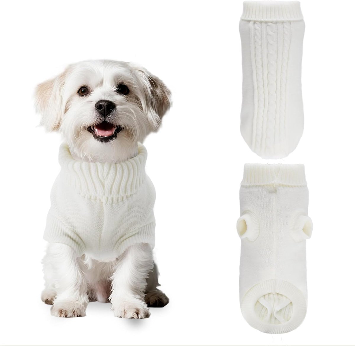 hondentrui, kleine honden, rolkraag, kersttrui voor puppy's, zachte warme winterjas voor chihuahua's, Yorkshire Terrier, dwergpoedel, Maltees, wit, maat M