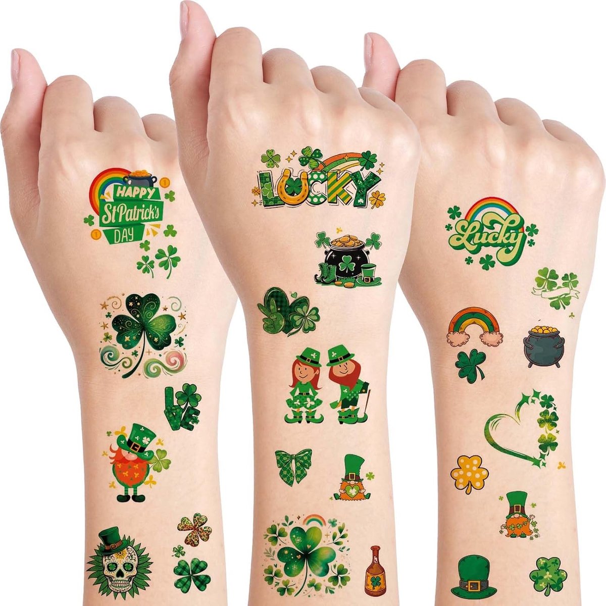 Patrick's Day Tattoo-stickers voor kinderen, tijdelijke klaverblad-tatoeages, groen klaverblad vier bladeren, Leprechaun-hoed, feestaccessoires en accessoires, 10 vellen
