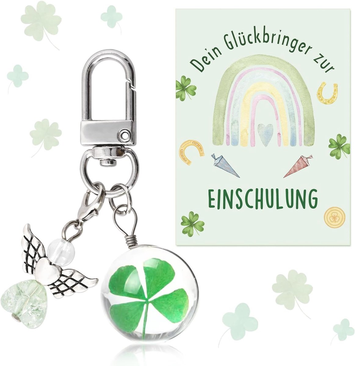 klaverblad sleutelhanger, moedermaker geschenken voor de eerste schooldag met beschermengel hanger, kaart envelop, ideeën vulling schooltas, eerste schoolstart geschenken voor jongens