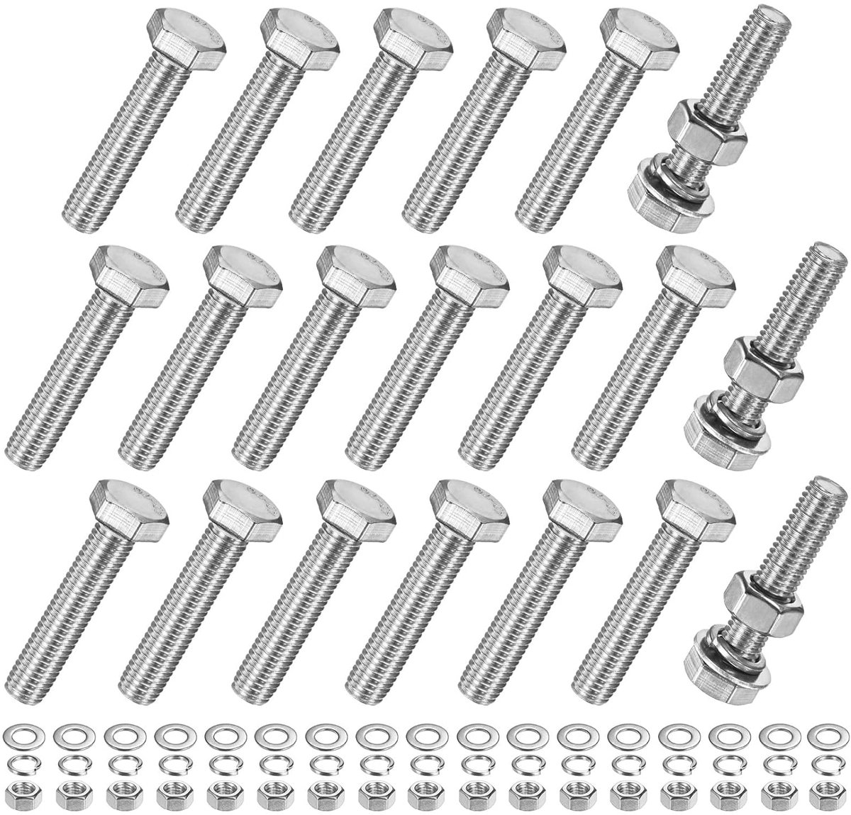 METERXITY 20 stuks zeskantschroeven met moeren met platte sluitringen en vergrendeling, M10 x 50 mm, set schroeven en moeren van roestvrij staal, volledige schroefdraad, metrisch assortiment