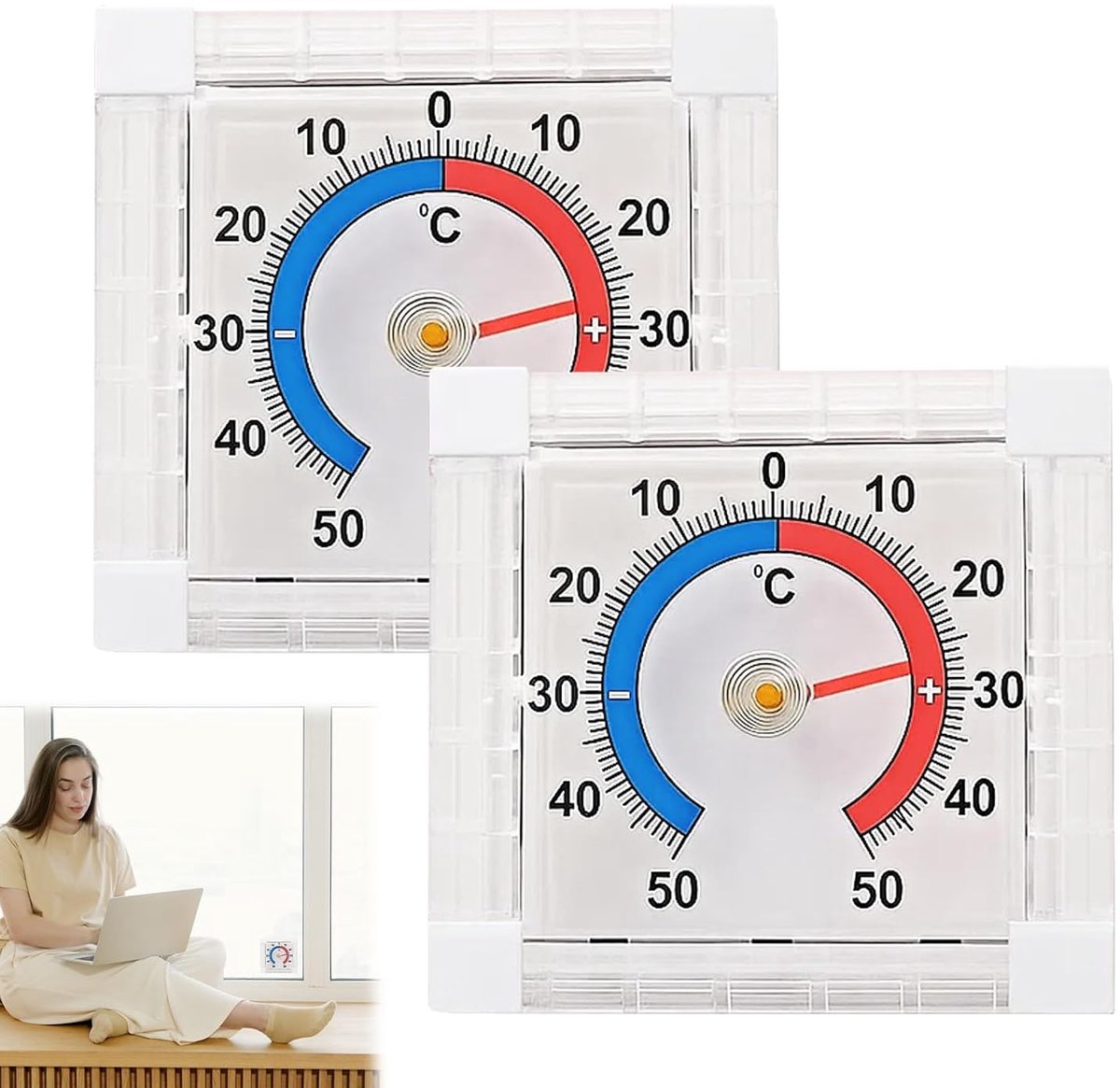 Vensterthermometer, voor buiten, zelfklevend, + - 50 °C, analoge buitenthermometer, analoge thermo-hygrometer, thermometer, analoge buitenthermometer, analoog, voor tuin en ramen (7,5 x 7,5