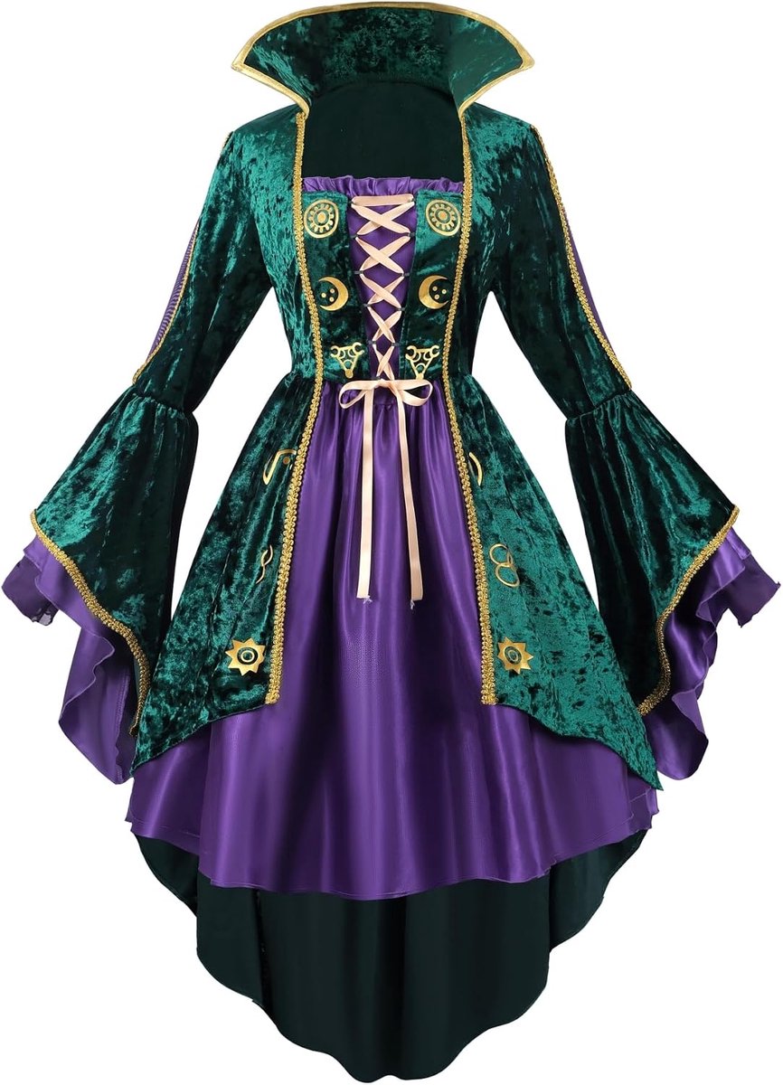 Heksenjurk voor dames, groen, vintage, cosplay, jurk met fluwelen look, voor Halloween, verkleedpartij, carnaval, fantasy, heksenkostuum, retro stijl, podiumoutfit voor vrouwen