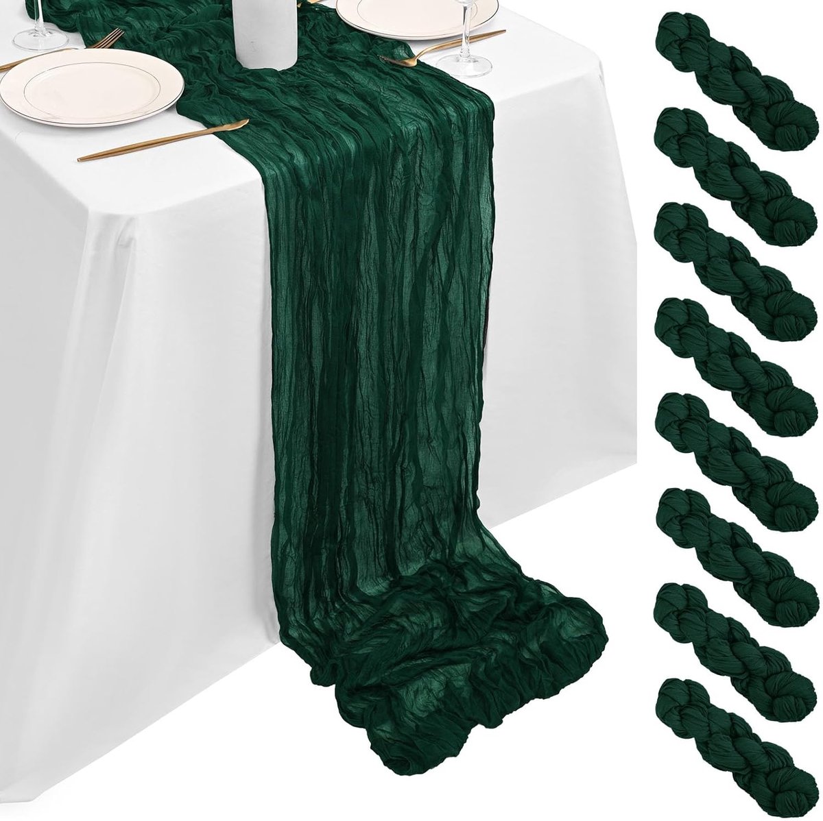 Set van 8 donkergroene kaasdoek, tafelloper van 25 cm, donkergroene kaasdoek, rustieke gaasstof, pure boho bruiloft tafeldecoratie voor bruiloftsreceptie, bruidsdouche babyshower (90 x 300 cm)