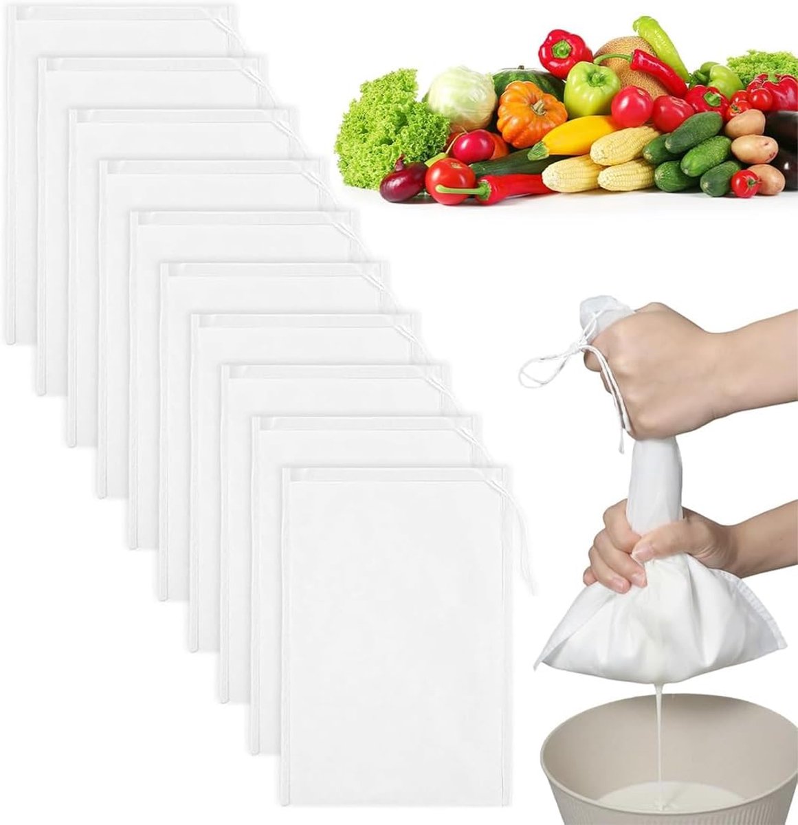 notenmelkzakjes, kaasdoek, passeerdoeken, 10 stuks nylon filterzakken 100 mesh, 20 x 30 cm, herbruikbare zeepdoek met trekkoord voor notenmelk, sap, koffie, yoghurt en kaas
