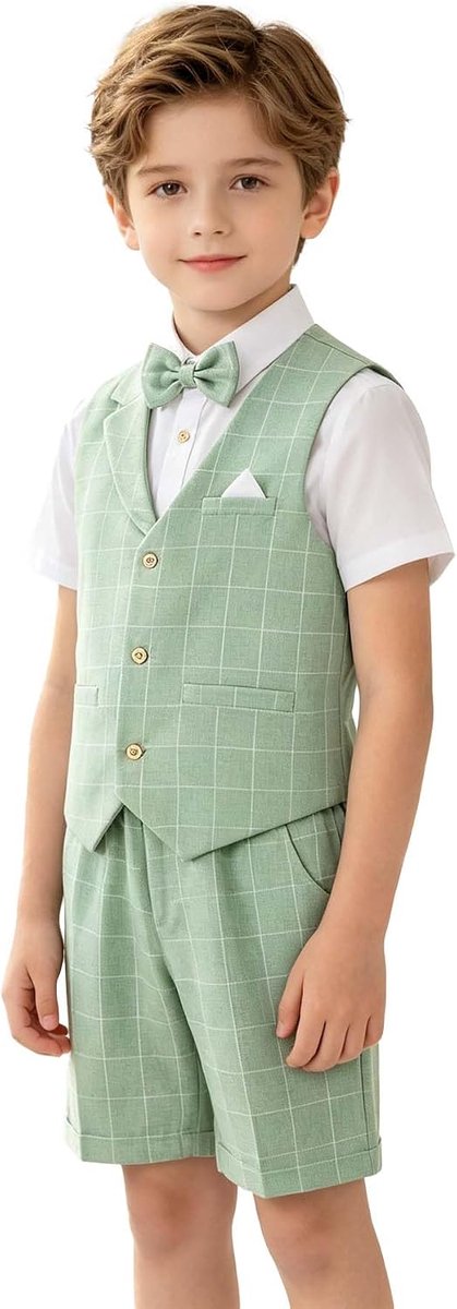 4PCS Page Jongenspakken Bruiloft, Kinderzomer Kort Kostuum Set, Ceremonie Doop Feestkleding, Waistcoat Shorts Shirt met Strikje voor 2-12 jaar