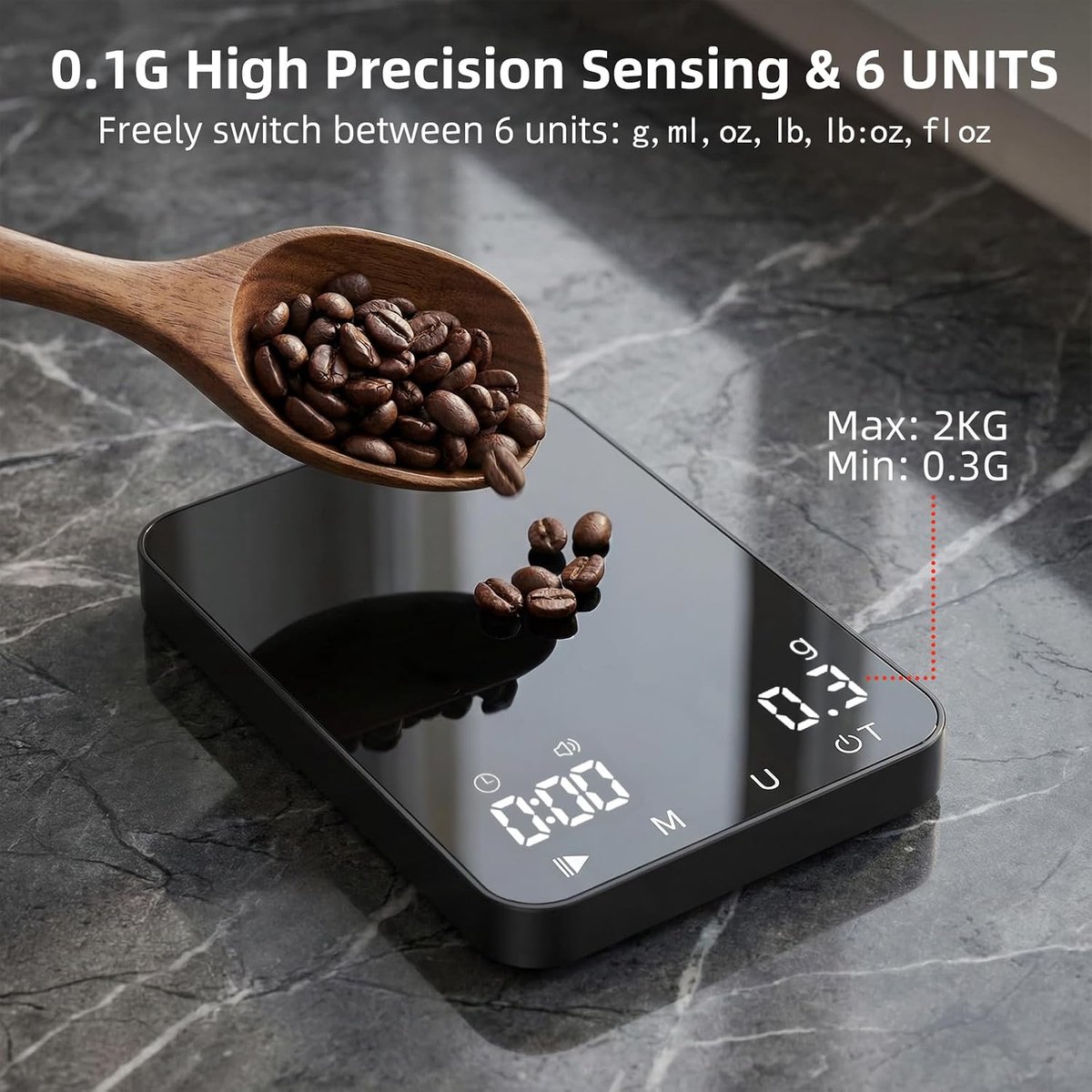 Koffieweegschaal rechthoekig met timer, 2 timermodi, fijnweegschaal koffie | 2 kg/0,1 g, zeer nauwkeurig, 6 eenheden, draagbare oplaadbare espressoweegschaal, mute-functie, voor espresso
