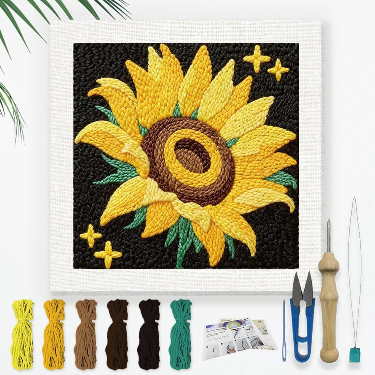 Levendige zonnebloem DIY ponsnaald borduurset voor volwassen beginners, 24 cm bloemen punch stiksels ambachtelijke set voor starter met frame, stof patroon, threader, garen, ponsnaald