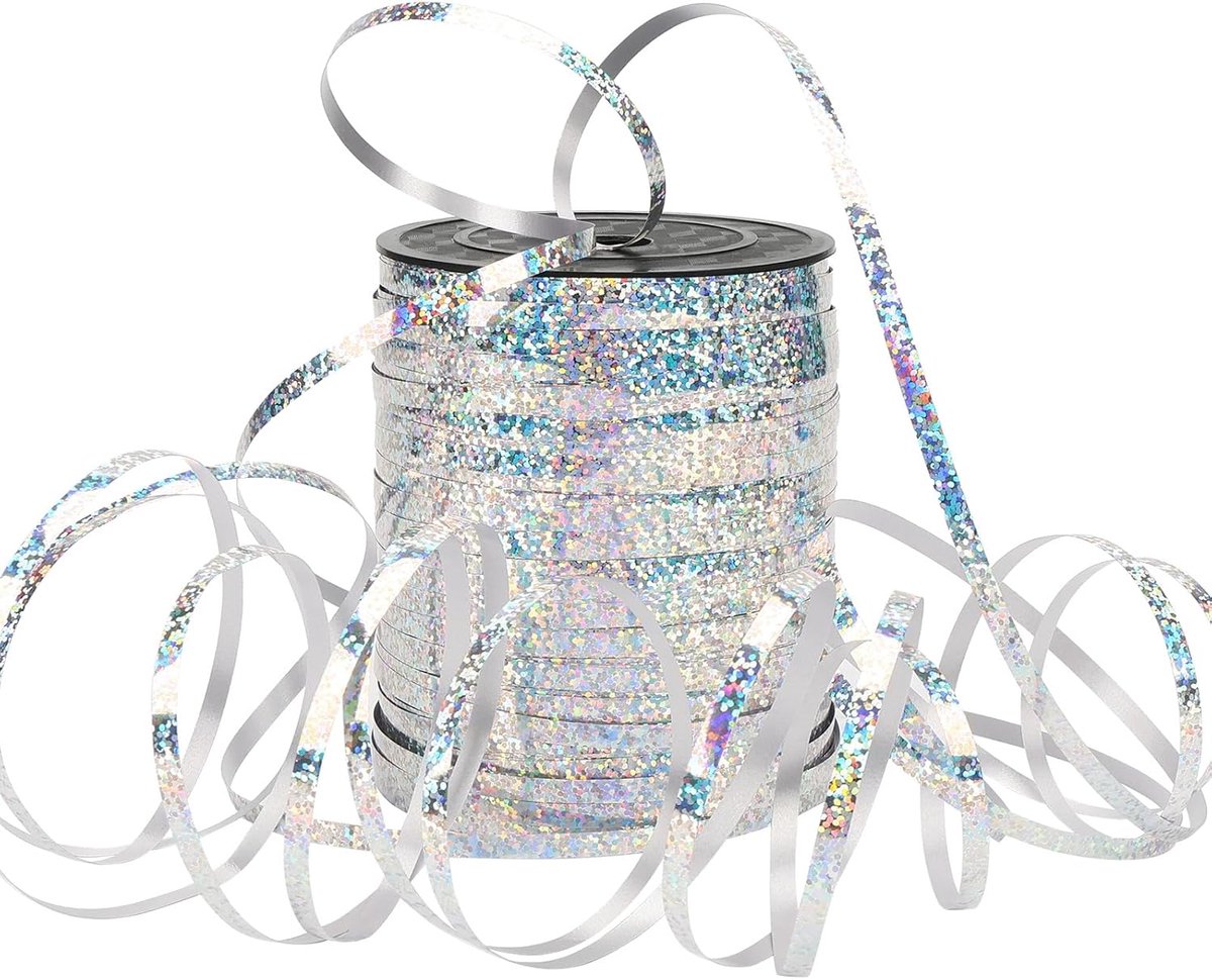 Linten voor verjaardag, ballonnen, bruiloft, geschenkverpakking, bloemist, ballonlinten en seizoensgebonden decoratie (laser zilver)