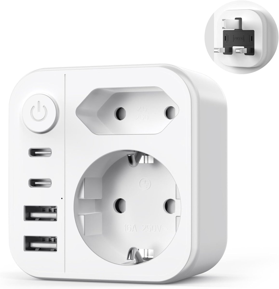 6 IN 1 Adapter Engeland Duitsland Stekker, Grestar Reisadapter UK met 4 USB en Schakelaar, Adapter Stopcontact Engeland Reisadapter Type G voor Ierland, Dubai, Schotland, Malediven