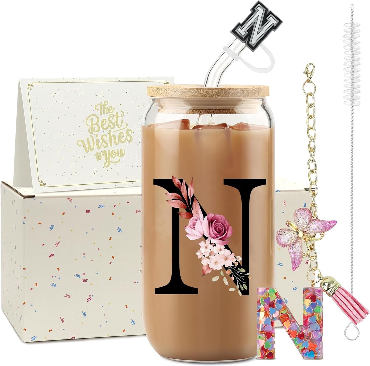 Drinkbeker met rietje, letters A-Z, originele cadeaus voor dames | 500 ml glazen beker met rietje, deksel en sleutelhanger, ideaal verjaardagscadeau voor dames, leraren, moeder, beste vriendin