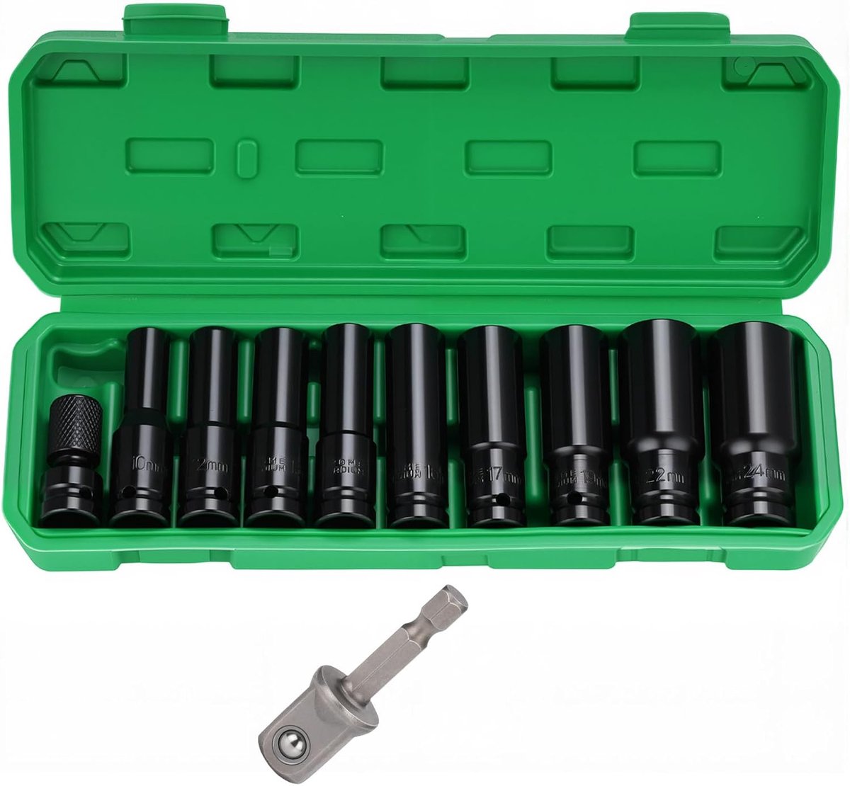 11-delige slagsleutel doppenset 1/2 inch, veelhoek dopset met kleine ratel opbergdoos, steeksleutelset voor dagelijks gebruik, autoreparatie en bandenwissel (10-24mm)