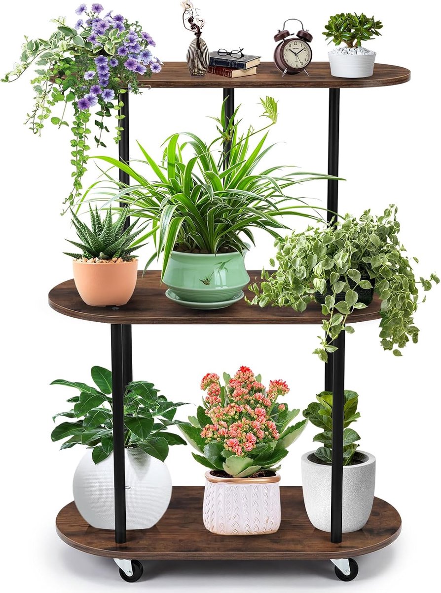 3-laags rolplantenstandaard, 90 cm metalen frame plank met wielen - Mokka bruin houten displayrek voor kamerplanten, keuken of woonkamer, ruimtebesparende mobiele opbergorganizer