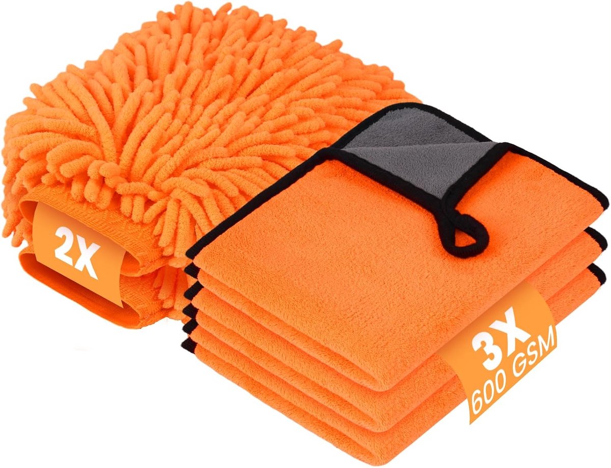 Set van 5 microvezel reinigingsdoeken, super absorberend, pluisvrij, superzacht en zorgvuldig, voor het reinigen van auto's en motorfietsen, 30 x 40 cm, oranje
