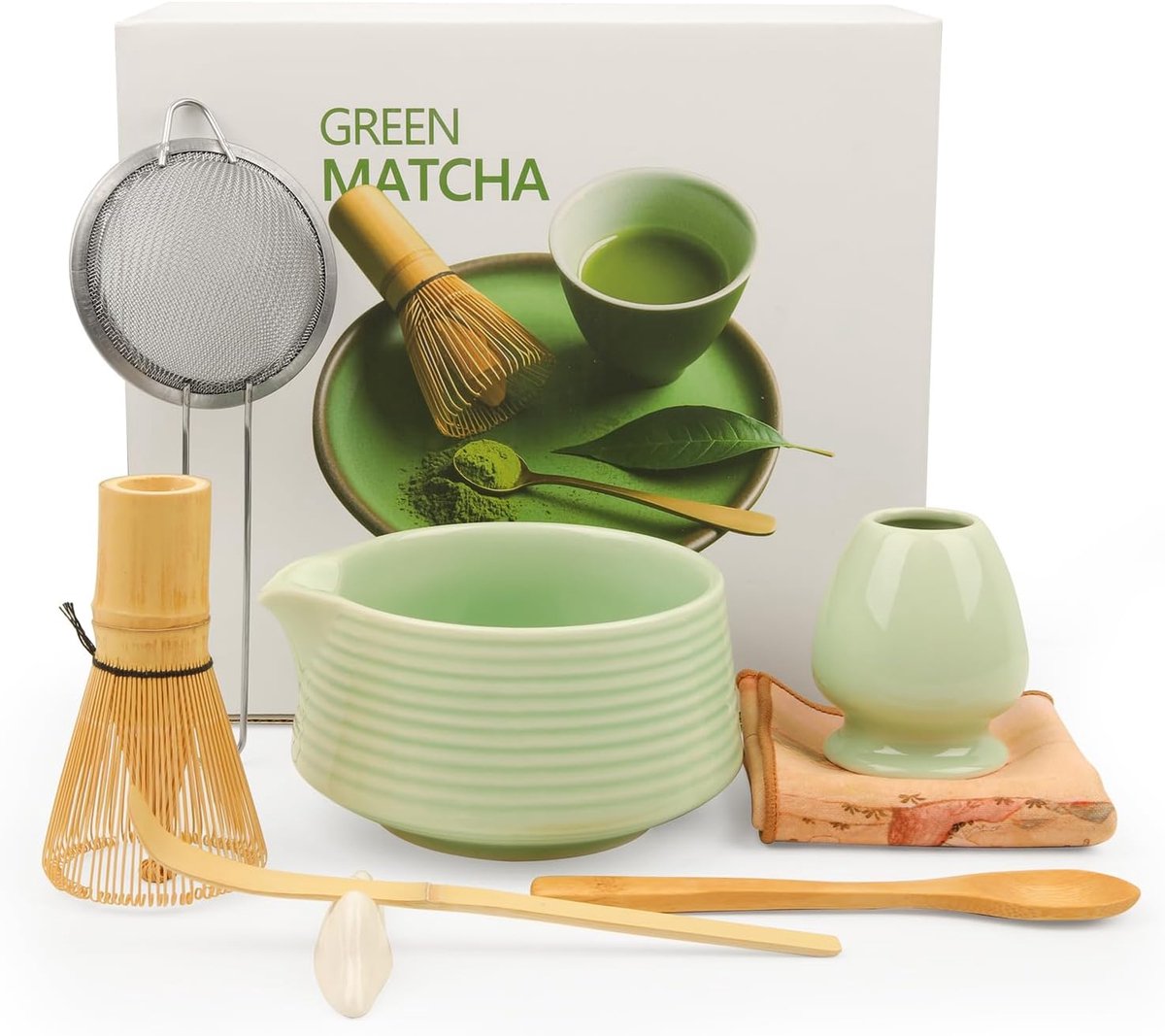 Matcha Set - Matcha Theeset 8-delig, bezem van bamboe, schaal met schenktuit, zeef, whiskhouder, kooklepel, lepel met houder, theedoek - matcha accessoires, cadeau voor matcha-liefhebbers