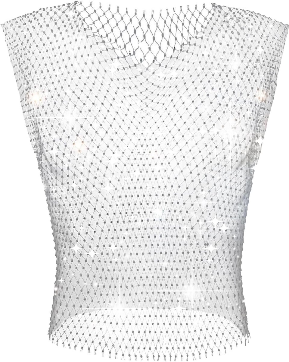 mesh strass tops fishnet tanktop sexy cropped shirt rave doorzichtig vest