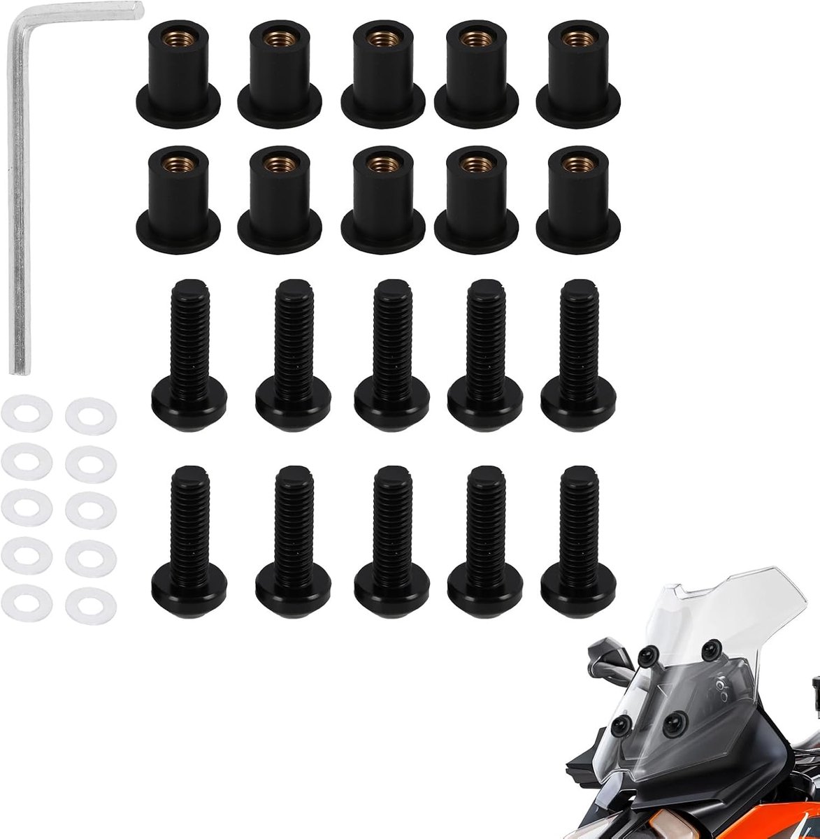 10 stuks M5 x 16 mm voor voorruit, bevestiging voor motorfiets, complete set met moeren, sluitringen en zeskantschroevendraaier, compatibel met alle motorfietsen, windschermnoten, zwart