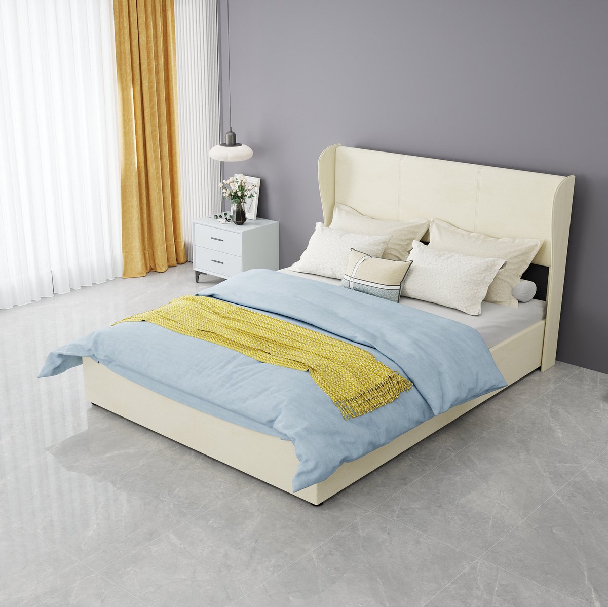MIVRAY Bed 140x200 cm - Gestoffeerd Opbergbed Met Gaslift en Hoog Hoofdbord - Zonder Matras Voor Slaapkamer - Stof en Beige