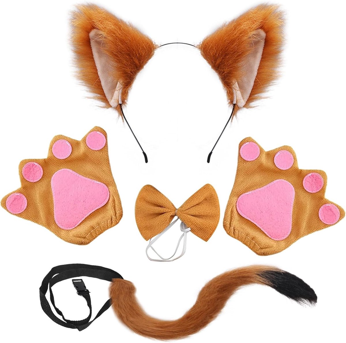 Fox kostuum set voor kinderen en volwassenen met faux fur oren, lange staart, klauw handschoenen en vlinderstrik voor Halloween en carnaval, ideaal voor dieren cosplay en feestjes