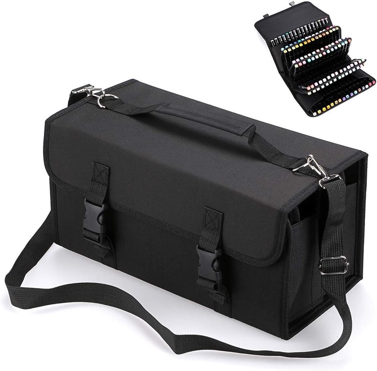 Grote capaciteit multilayer canvas marker case met schouderriem voor Primacolor en Copic markers, ideaal voor lippenstift en kunstbenodigdheden (Zwart)