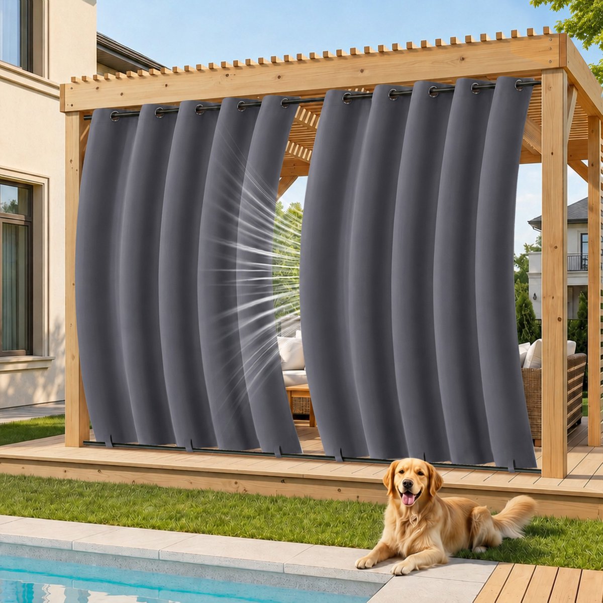 MUPOO Buitengordijnen Waterdicht & Windbestendig met Ringen - Met Onder Bevestiging tegen Wind - Verduisterend & UV Werend - Outdoor Gordijnen voor Overkapping, Balkon & Tuin - 132x213 cm -Donkergrijs - 2 stuks (Rideau Extérieur Imperméable)