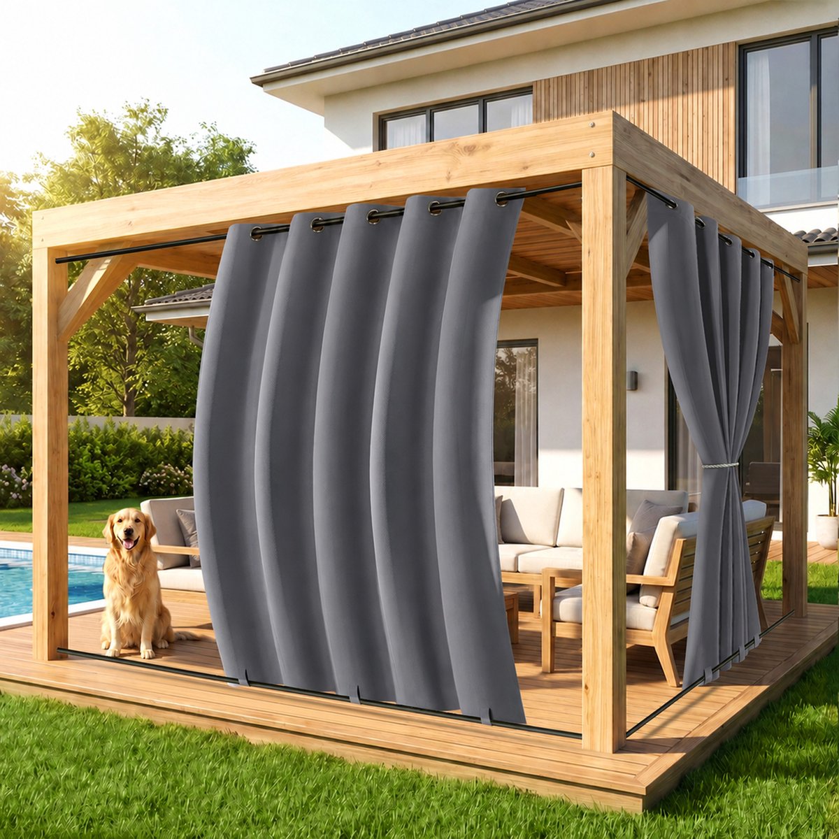 MUPOO Extra Brede Buitengordijnen Waterdicht&Windbestendig met Ringen - Met Onder Bevestiging tegen Wind - Verduisterend&UV Werend - Outdoor Gordijnen voor Overkapping, Balkon&Tuin - 180x213cm -Donkergrijs-2 stuks (Rideau Extérieur Imperméable)