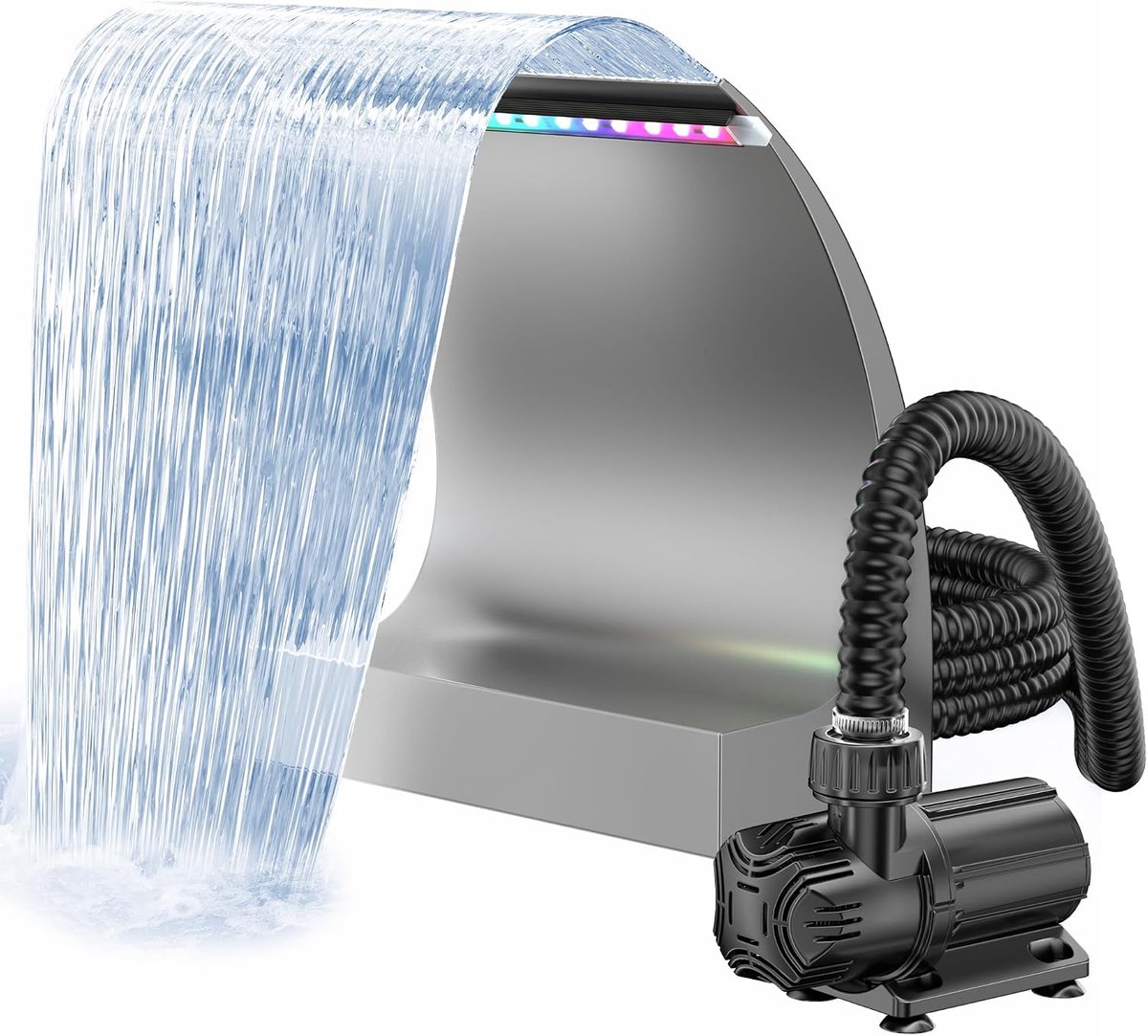 POPOSOAP 300C Watervalset voor vijvers-30 cm roestvrijstalen uitloop-6000 l/u 24V DC-pomp met ledverlichting-alles-in-één voor tuinvijvers-zwembaden en kleine tuinen[Energieklasse B]