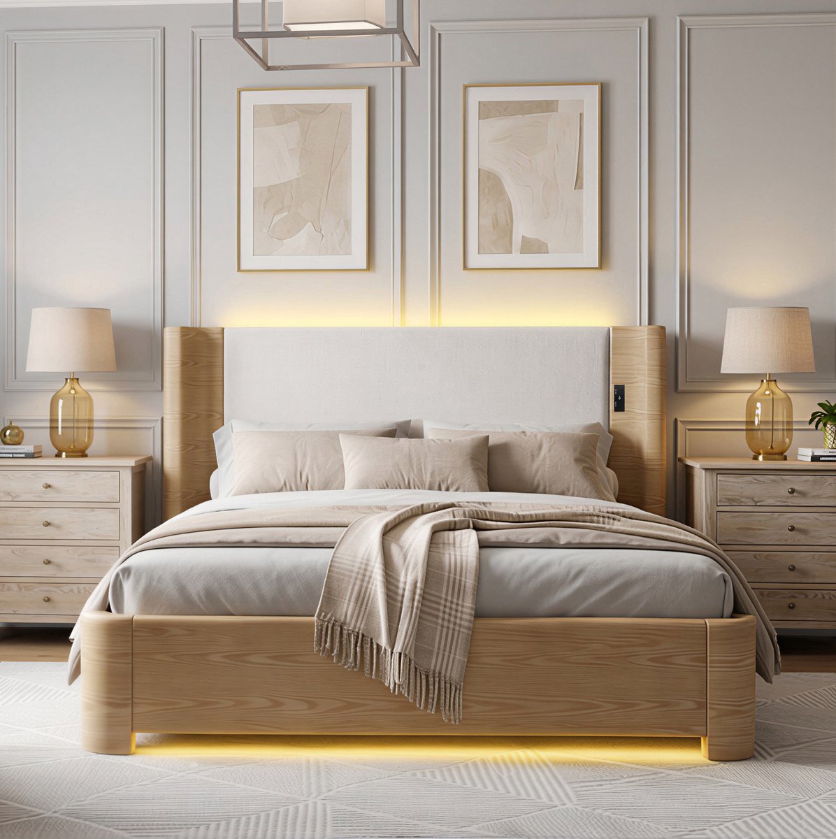 MIVRAY Tweepersoons Bed 180x200 cm - Opbergbed Met Ledverlichting en Afstandsbediening - Zonder Matras - Hout en Stof - Beige