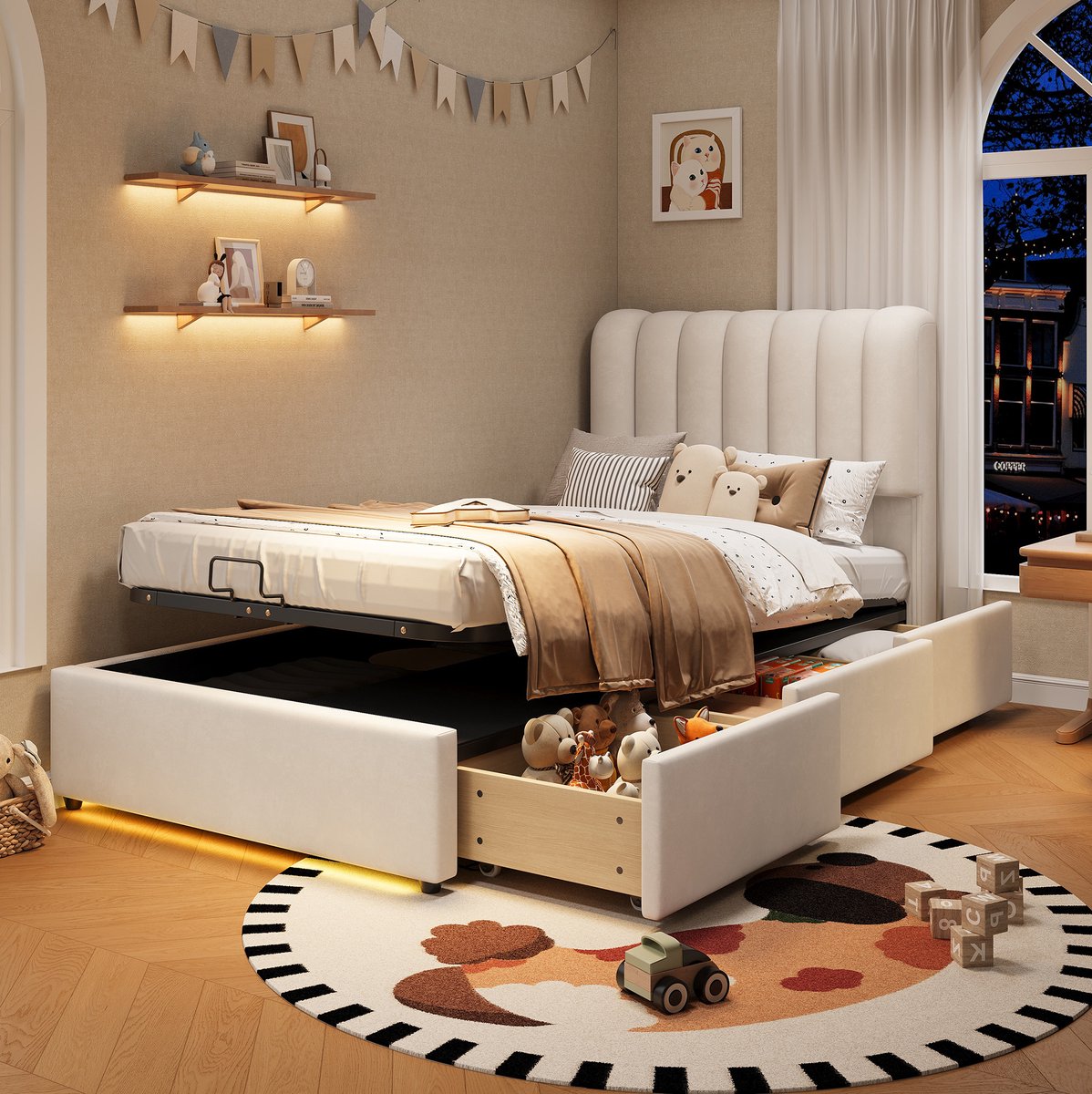 MIVRAY Kinderbed 90x200 cm Zonder Matras - Gestoffeerd Stauraumbed Met Gasdrukveer, 3 Laden En Ledverlichting - Stof - Beige