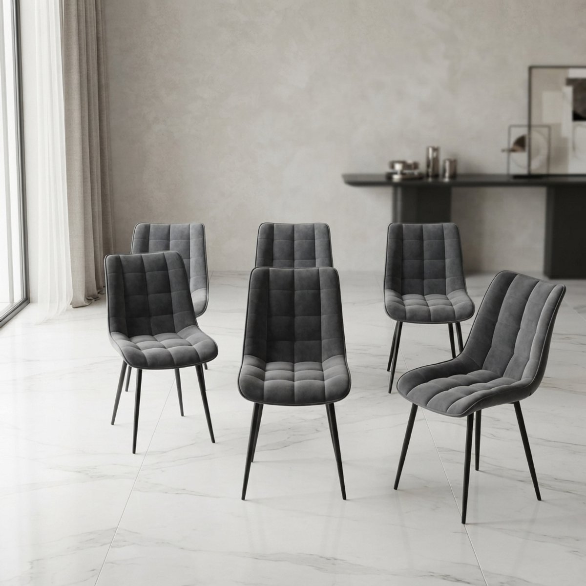 Set van 4 Luxe Fluwelen Draaibare Eetkamerstoelen Donkergrijs – Ergonomische Design Stoele