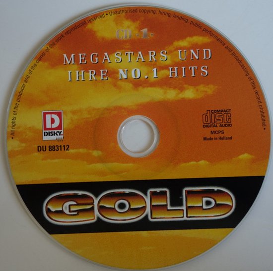 Cd met oranje en gele achtergrond en de tekst 'MEGATARS UND IHRE NO.1 HITS'.