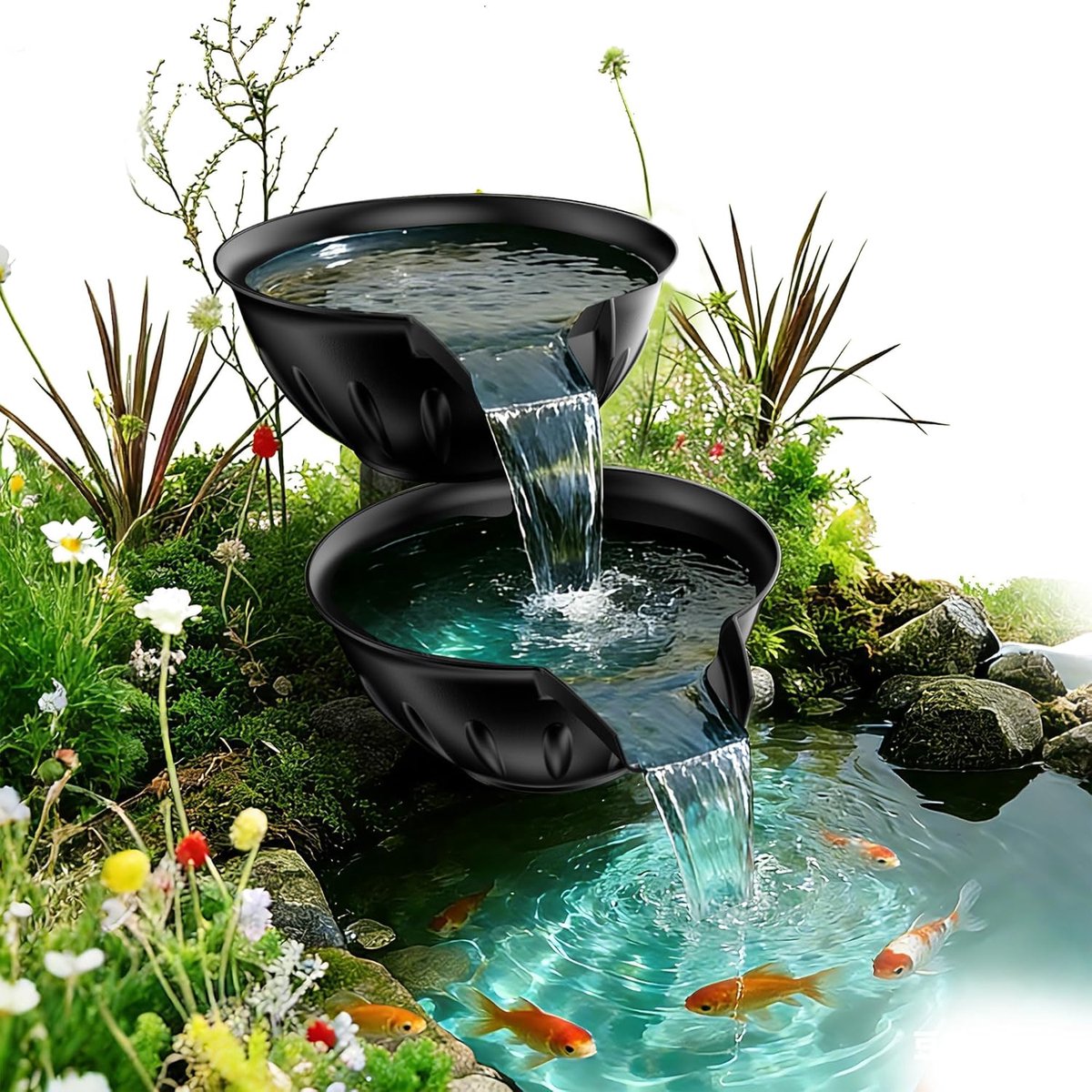 POPOSOAP Overloop-schaal en-bekken fonteinset-overloopfontein met 2500 l/u vijverpomp voor watervallen-doe-het-zelf waterornament voor binnen en buiten(vijver/tuin)