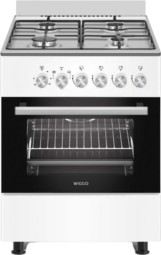 Wiggo WO-E603R wit gasfornuis met vier branders en een oven met glazen deur en zilverkleurige handgreep.