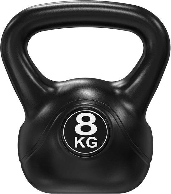 Zwarte kettlebell met een ronde, zwarte cirkel met een witte '8 KG' opdruk.