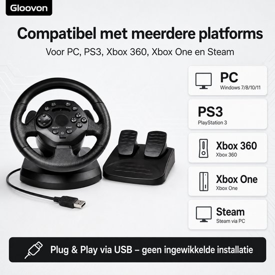 Gloovon® - Racestuur en Pedalen - Racestuur PS3 - Racestuur Standaard - Driving Force - Gaming Stuurwiel PC - Geschikt voor PS3, PC (D-Input), Xbox 360 / One, Steam en PC (XInput) - Zwart van Merkloos — afbeelding 4