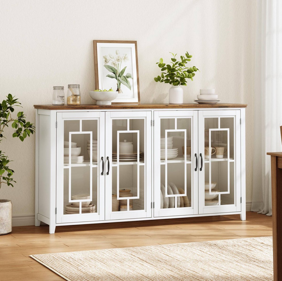 HAUSS SPOLE Dressoir - Buffetkast Met Glazen Deuren En Opbergruimte - Voor Keuken Eetkamer En Woonkamer - MDF - 160x40x86 Cm - Wit
