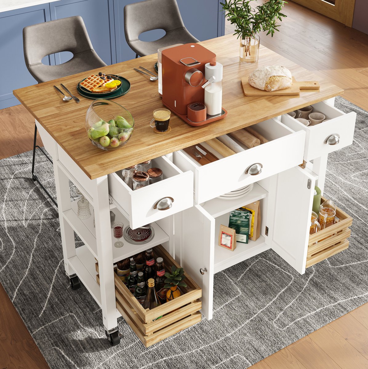 MEUNIQ Keukenkast keukeninsel 120x45x90 cm met opklapbaar blad, lade, deuren, verstelbare vakverdeling, uittrekbare mand en wielen voor keuken of eetruimte, naturel en wit