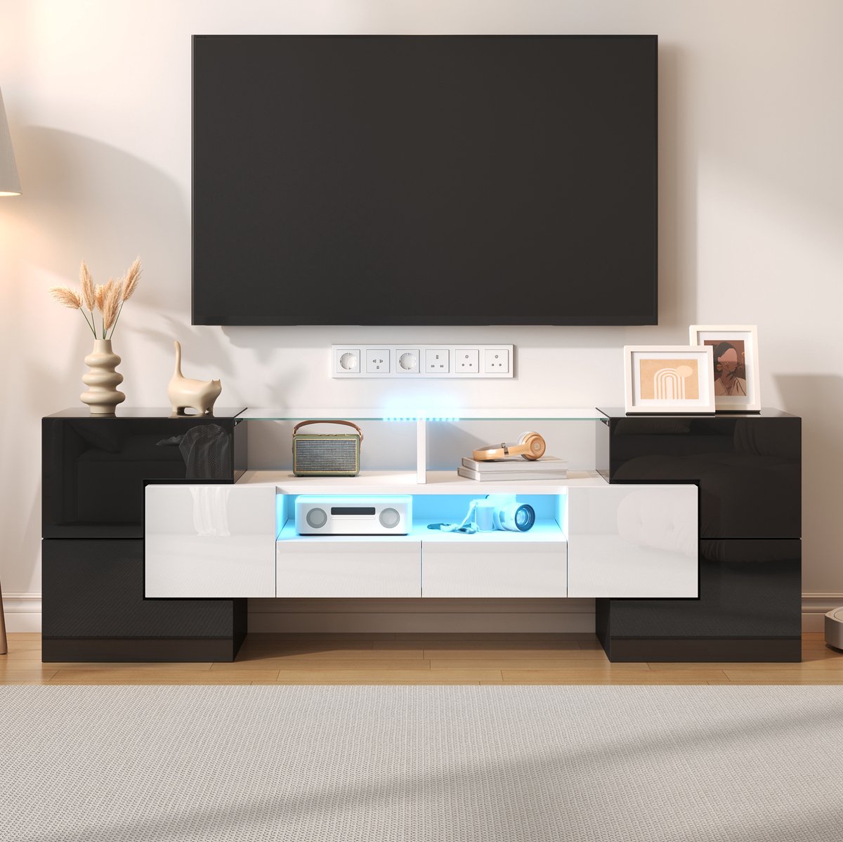 MEUNIQ TV-meubel lowboard 145 x 30 x 51 cm met 6 deuren, 2 lades, 3 vakken en meerkleurige