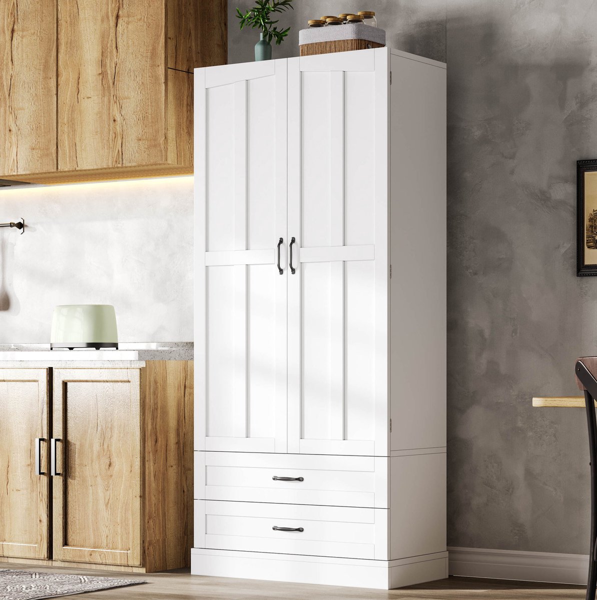 Wishdor - Keukenkast - Hoge opbergkast met dubbele deuren en 2 lades - Modern minimalistisch - Keuken en eetkamer - Houtlook - Wit - 80 x 40 x 180 cm