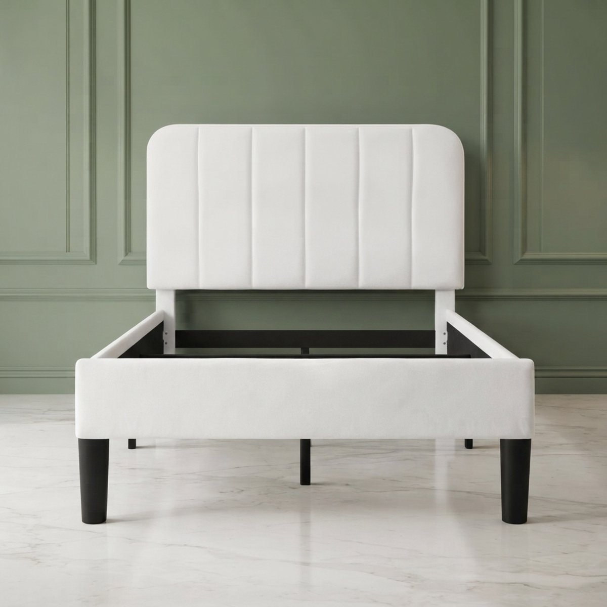 Gestoffeerd Eenpersoonsbed 90x200 cm met Verstelbaar Hoofdbord, Fluwelen Bekleding, Massief Houten Lattenbodem, Stalen Frame, Geruisloos Bedframe Wit - Novihomestore