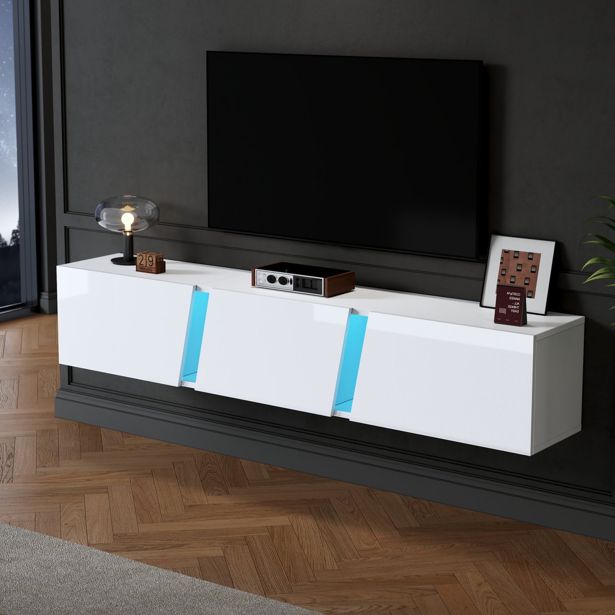 MEUNIQ wandgemonteerd TV-meubel 180 x 35 x 30 cm met LED-verlichting, app-bediening, 3 klepdeuren, opbergruimte, hoogglans wit, voor woonkamer en tv tot ca. 75 inch