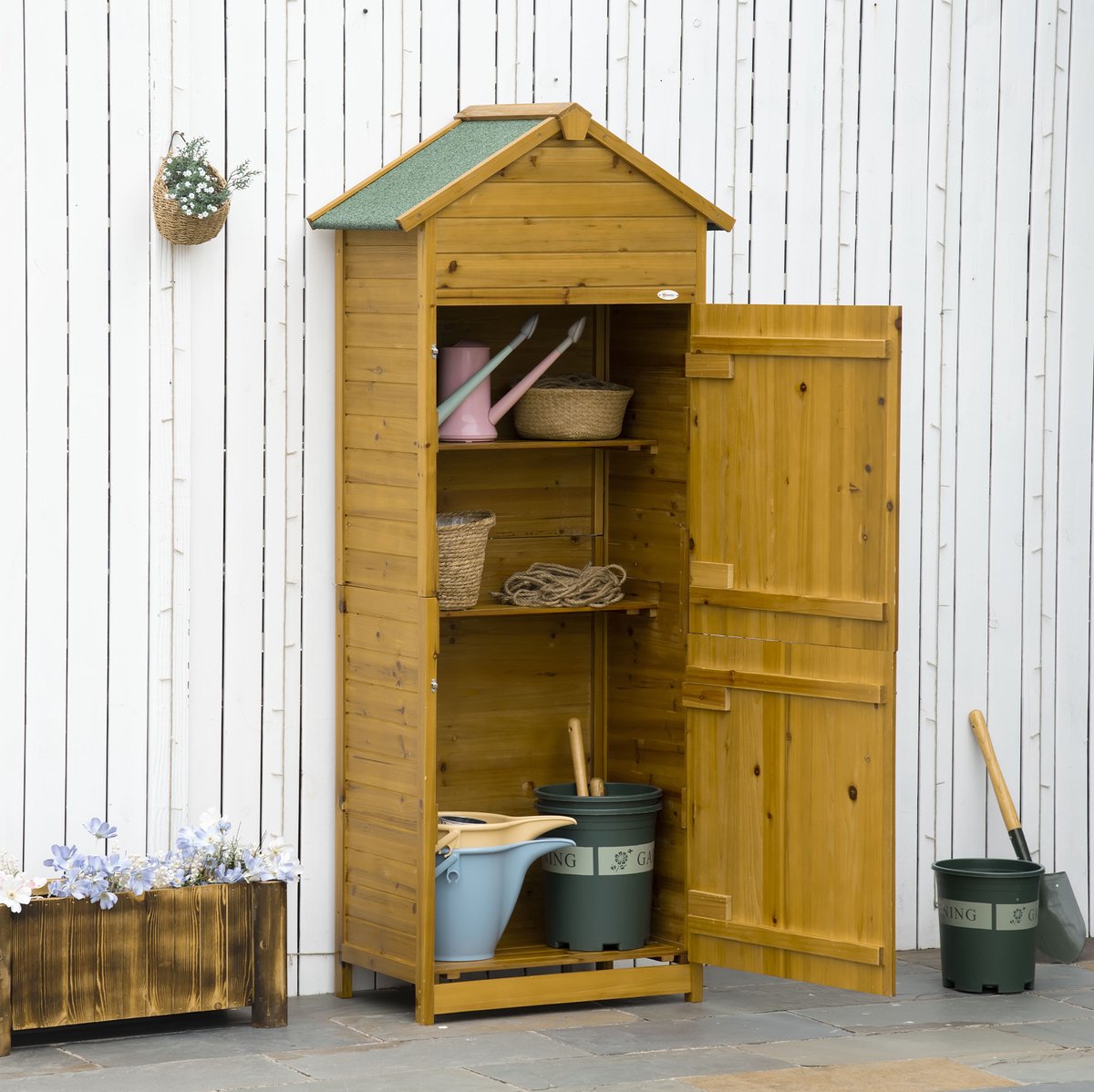 MEUNIQ houten tuinkast 79 x 49 x 191,5 cm met 2 deuren en 2 legplanken, opbergkast voor tuingereedschap en tuinspullen, zadeldak voor tuin, naturel