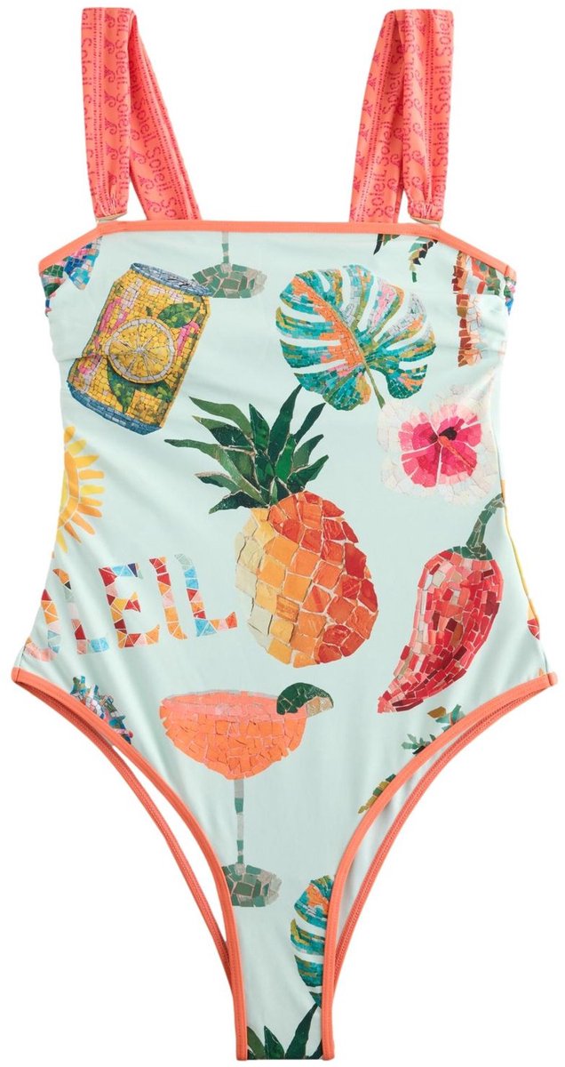 Next Dames - Buikcorrigerend bandeau-zwempak met vierkante halslijn - Groen Mint Green Mosaic Conversational