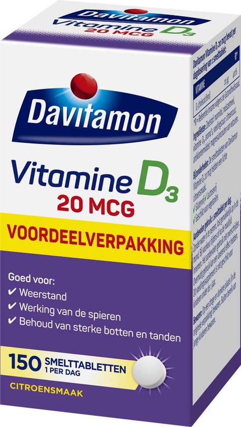 Davitamon Vitamine D3 20 mcg voordeelverpakking: 150 citroensmaak smelttabletten.