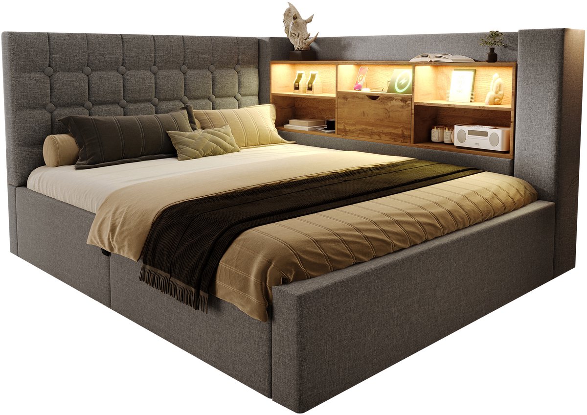 COVREO Bed 140x200 cm grijs met LED en opbergruimte zonder matras