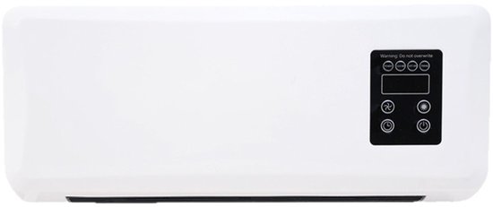 Witte wandgemonteerde verwarmings- en koelunit met zwart digitaal display.