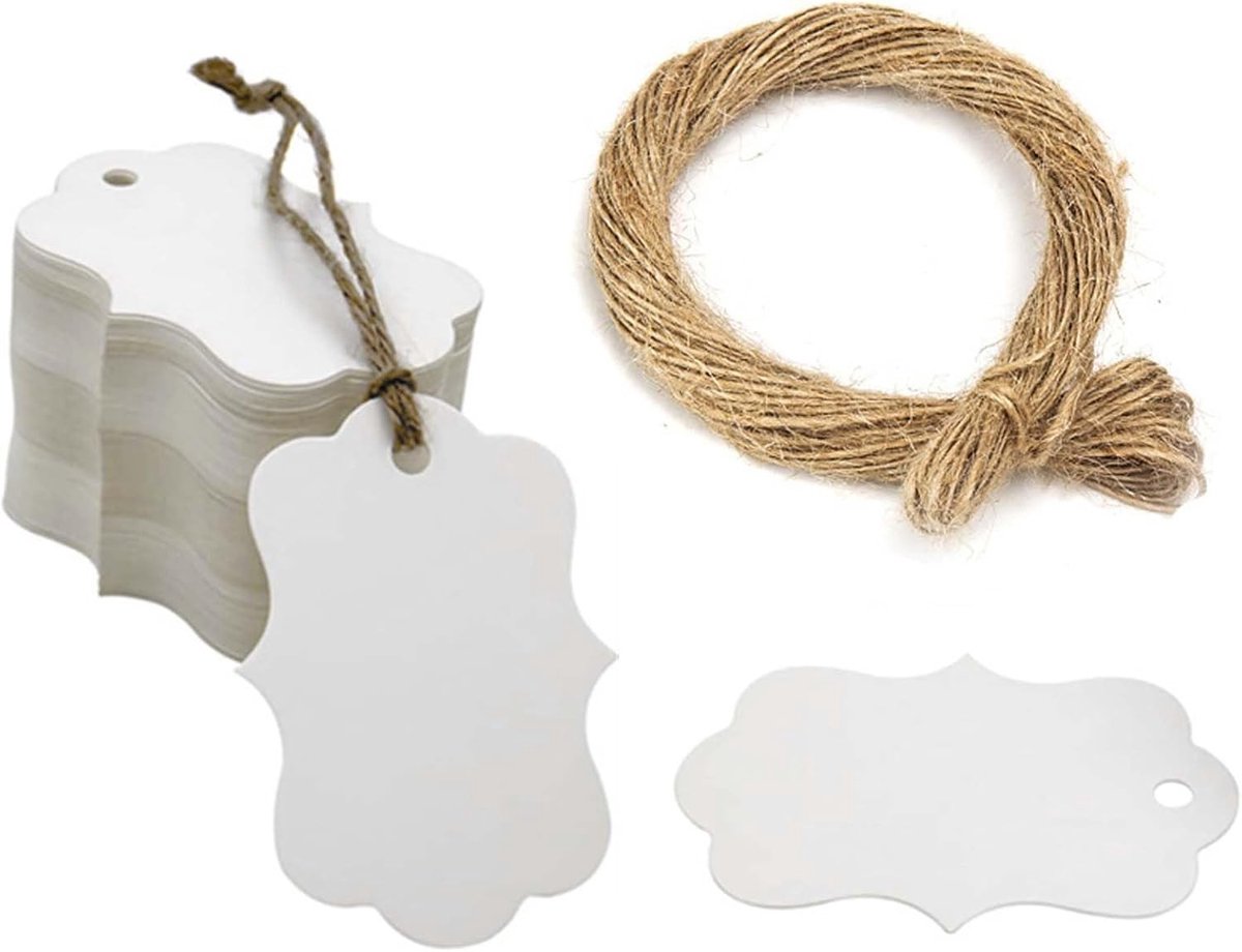 Set van 100 prijslabels van karton 5 x 3 cm met 20 m jute touw, lege schrijfbare etiketten voor kleding en markering